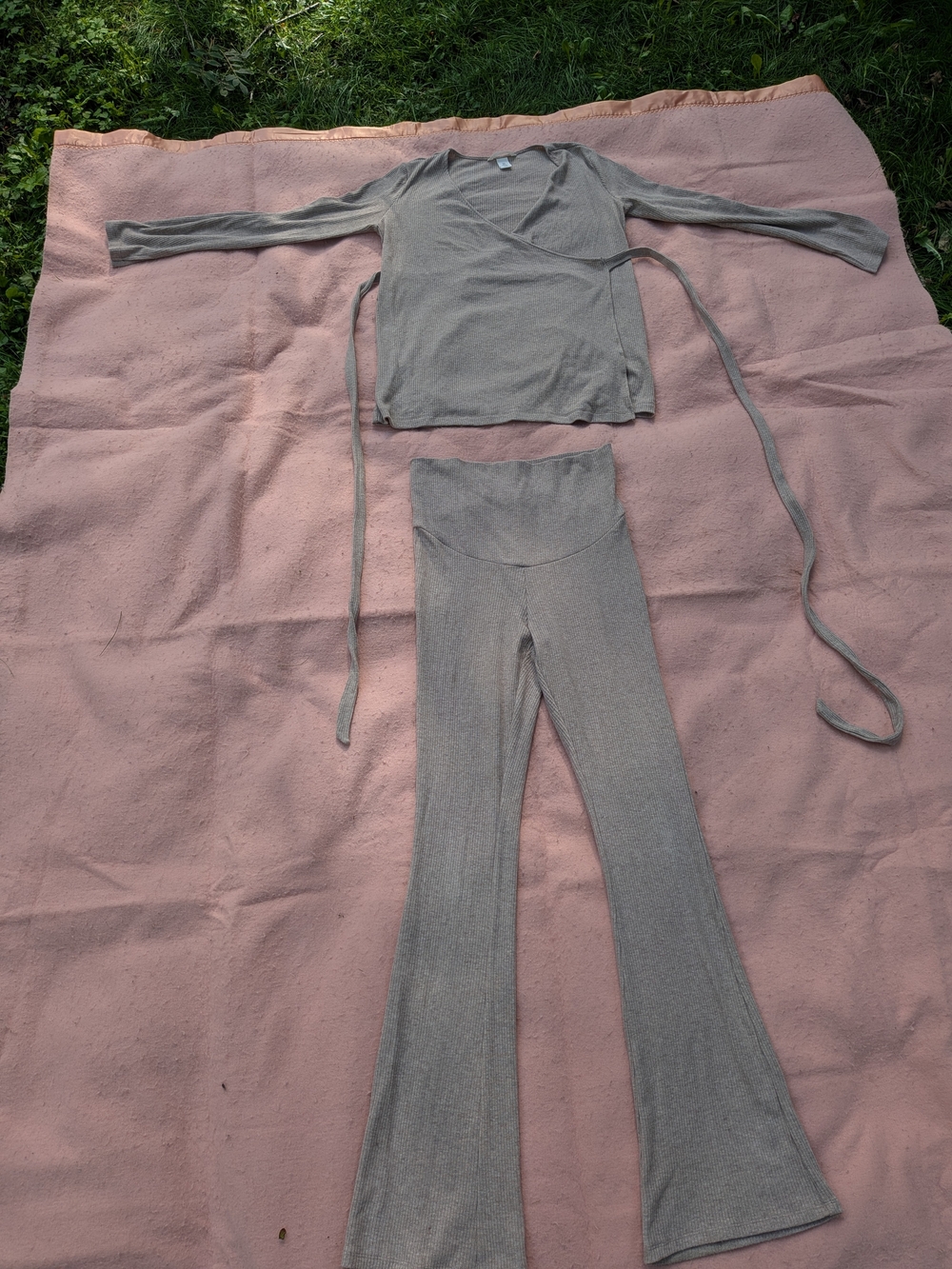 Maternity: Women’s Wrap Top & Flared Pants Set in Light Gray